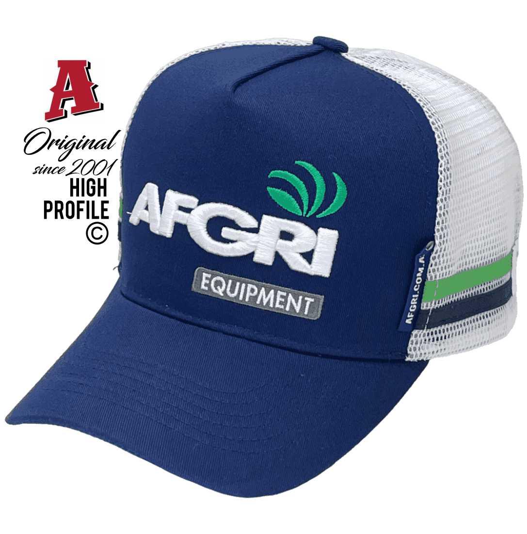 AFGRI Equipment Esperance WA Midrange Aussie Trucker Hats with Australian HeadFit Crown and Dual SideBands Navy White