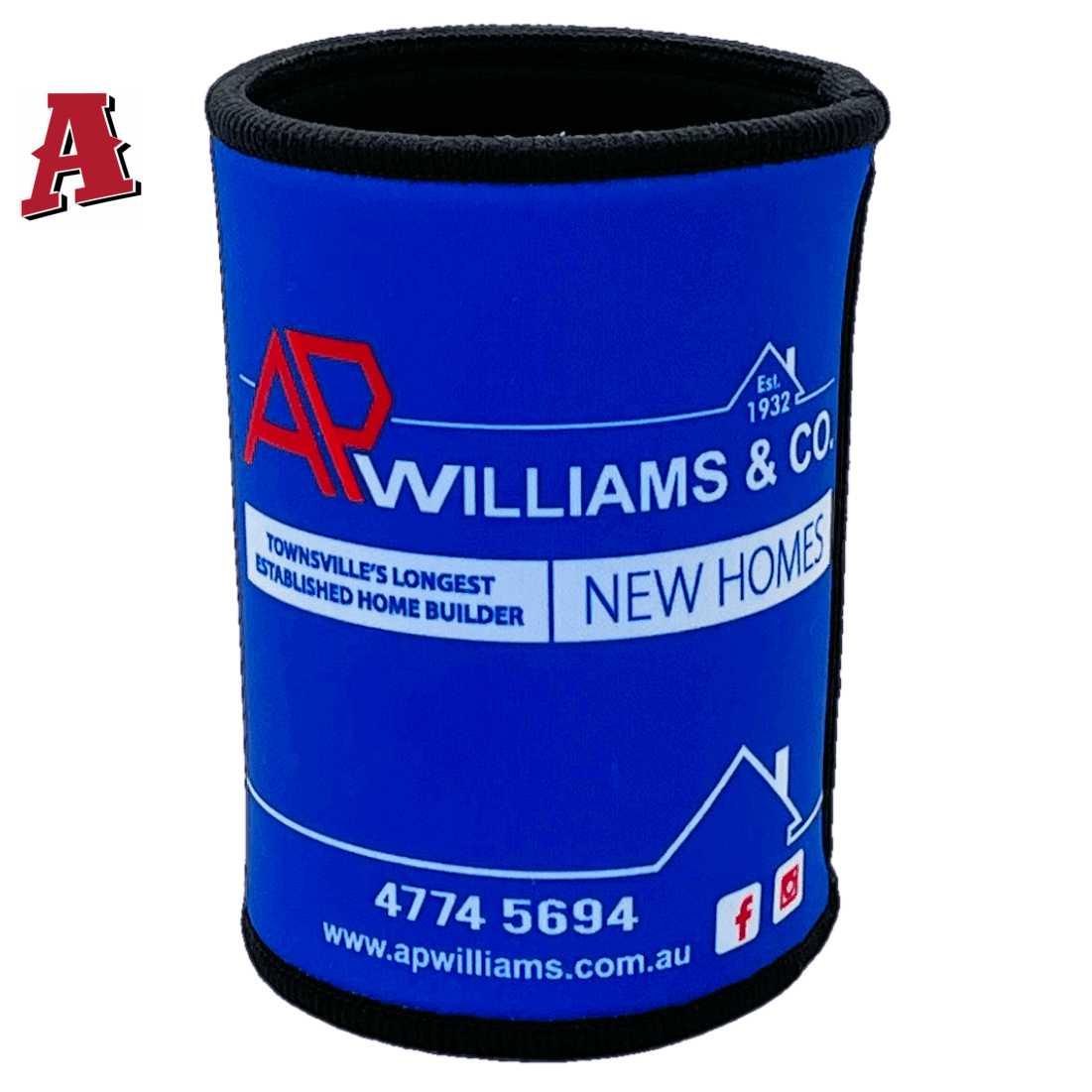 AP Williams Co Mount Louisa QLD Custom Stubby Holders 5mm Neoprene with Stitched Top and Bottom Seams Royal Blue