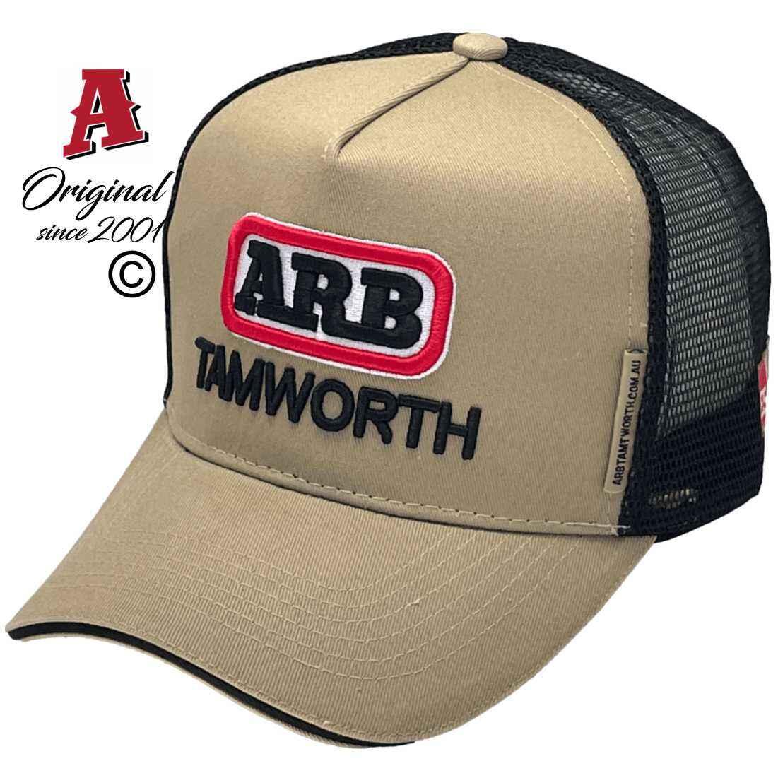 ARB Tamworth NSW Power Aussie Trucker Hats High Profile Australian HeadFit Crown Sandwich Brim Snapback Khaki Black