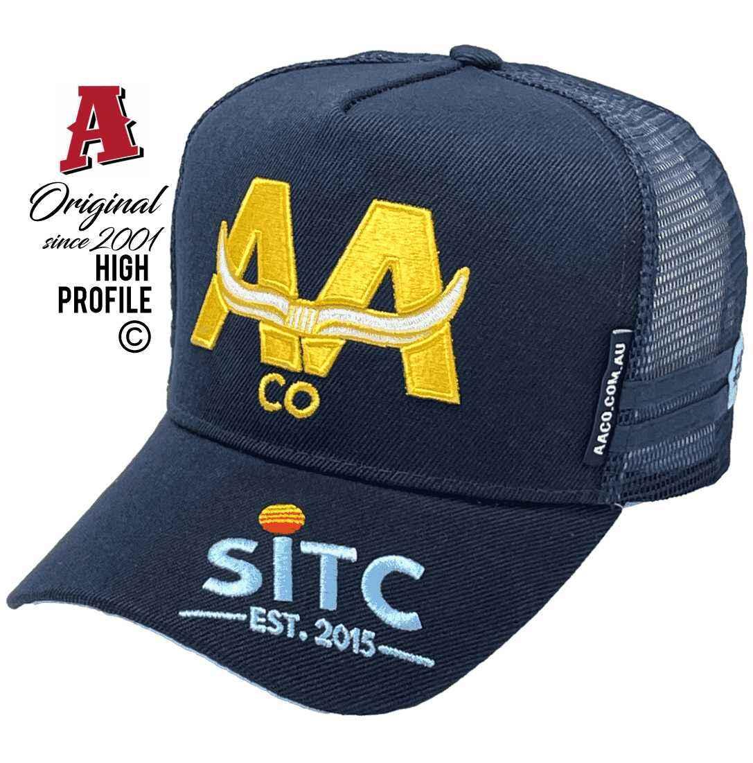 Australian Agricultural Co Newstead Qld Midrange Aussie Trucker Hats feature a HeadFit Crown and two SideBands in navy, with a snapback closure.