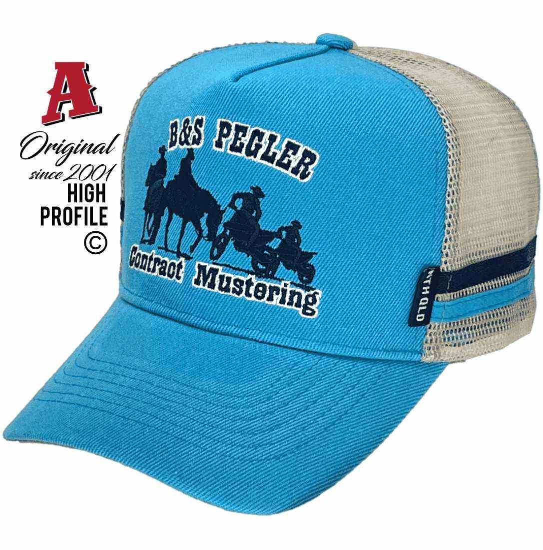 BS Pegler Contract Mustering Winton Qld Basic Aussie Trucker Hats with Dual SideBands Aqua Grey Navy Snapback