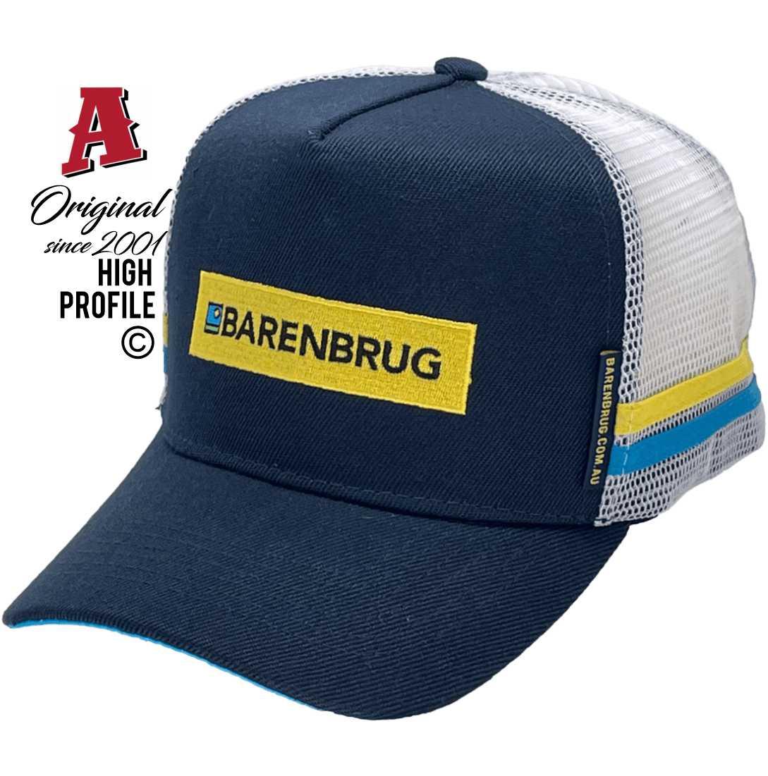 Barenbrug Dandenong South VIC Midrange Aussie Trucker Hats with Aussie HeadFit Crown double SideBands Navy White Snapback