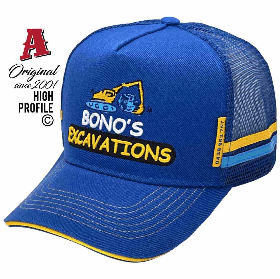 Bonos Excavations Kairi QLD Power Aussie Trucker Hats with Australian HeadFit Crown Double SideBands Royal Gold Snapback