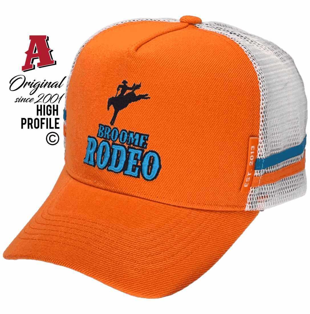 Broome Rodeo Club Inc Broome WA Midrange Aussie Trucker Hats with Aussie HeadFit Crown Orange White Snapback