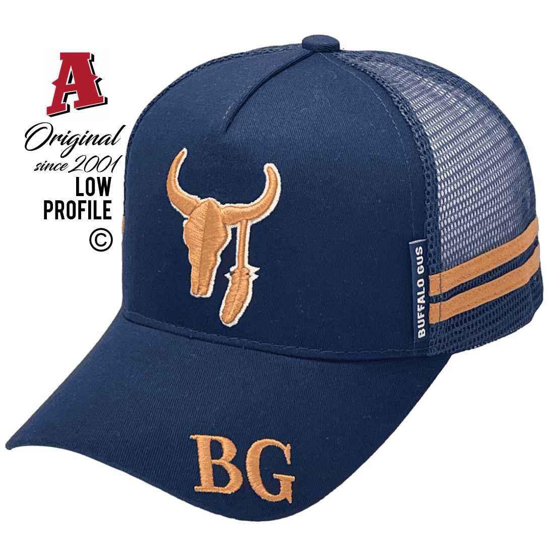 Buffalo Gus Ballarat Vic Midrange Aussie Trucker Hats with Double SideBands Australian HeadFit Crown Navy Snapback