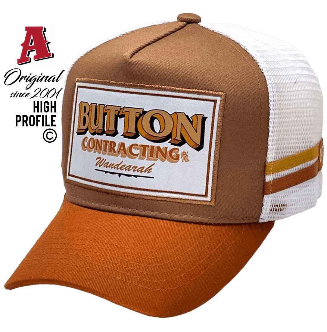 Button Contracting Wandearah East SA Midrange Aussie Trucker Hats with Australian HeadFit Crown and 2 SideBands in Brown, Rust, and White, with a Snapback closure