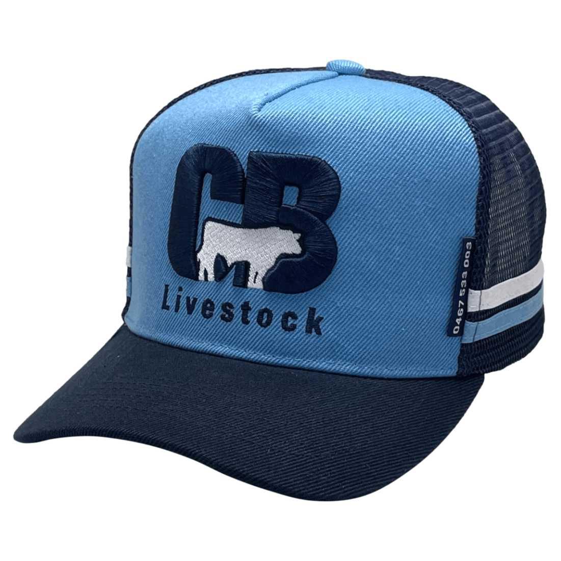 CB Livestock Property Rosedale Vic HP Original Midrange Aussie Trucker Hat with double sidebands Australian Head fit crown Blue Navy