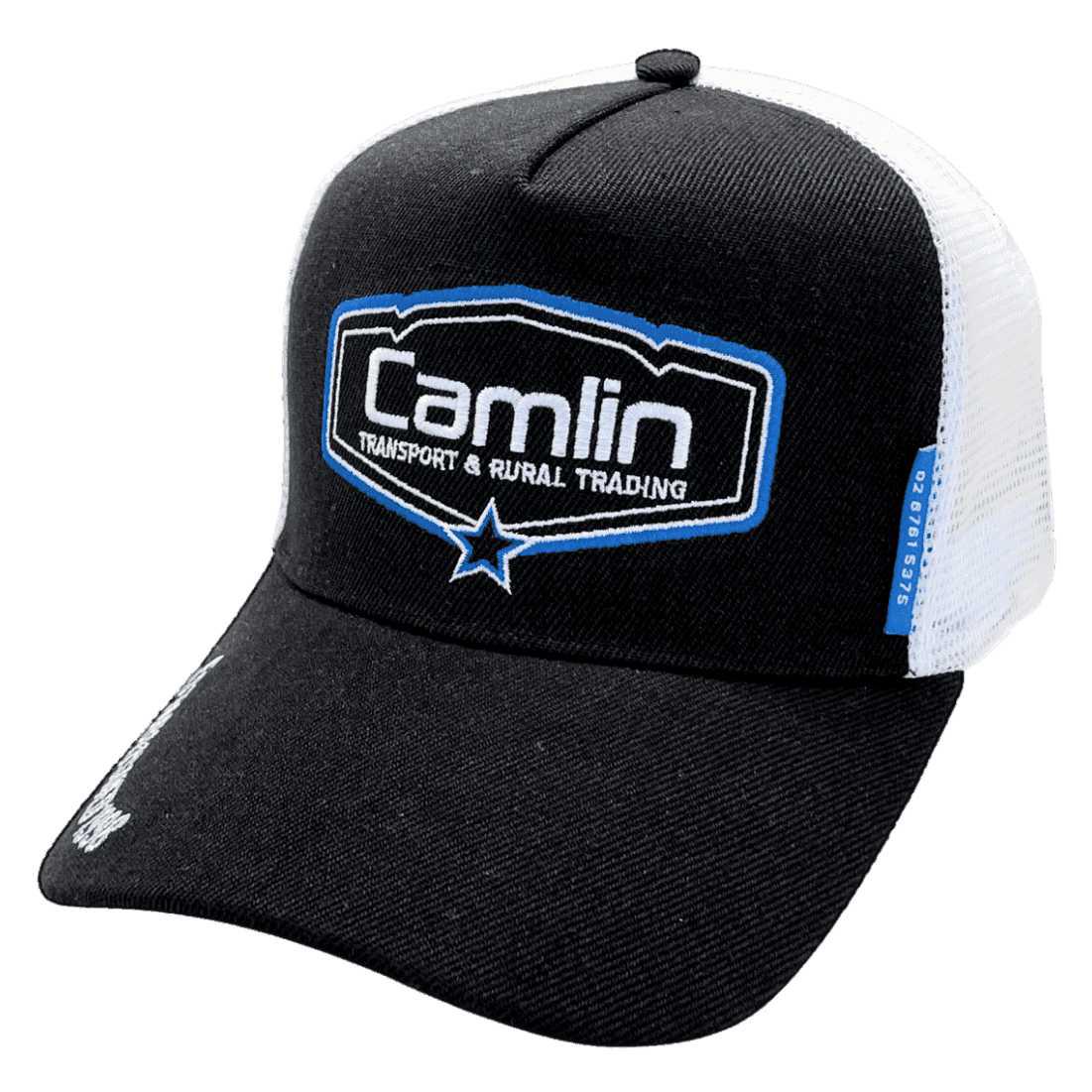 Camlin Transport and Rural Trading Tamworth NSW HP Midrange Aussie Trucker Hat with Australian Head Fit Crown Size Black