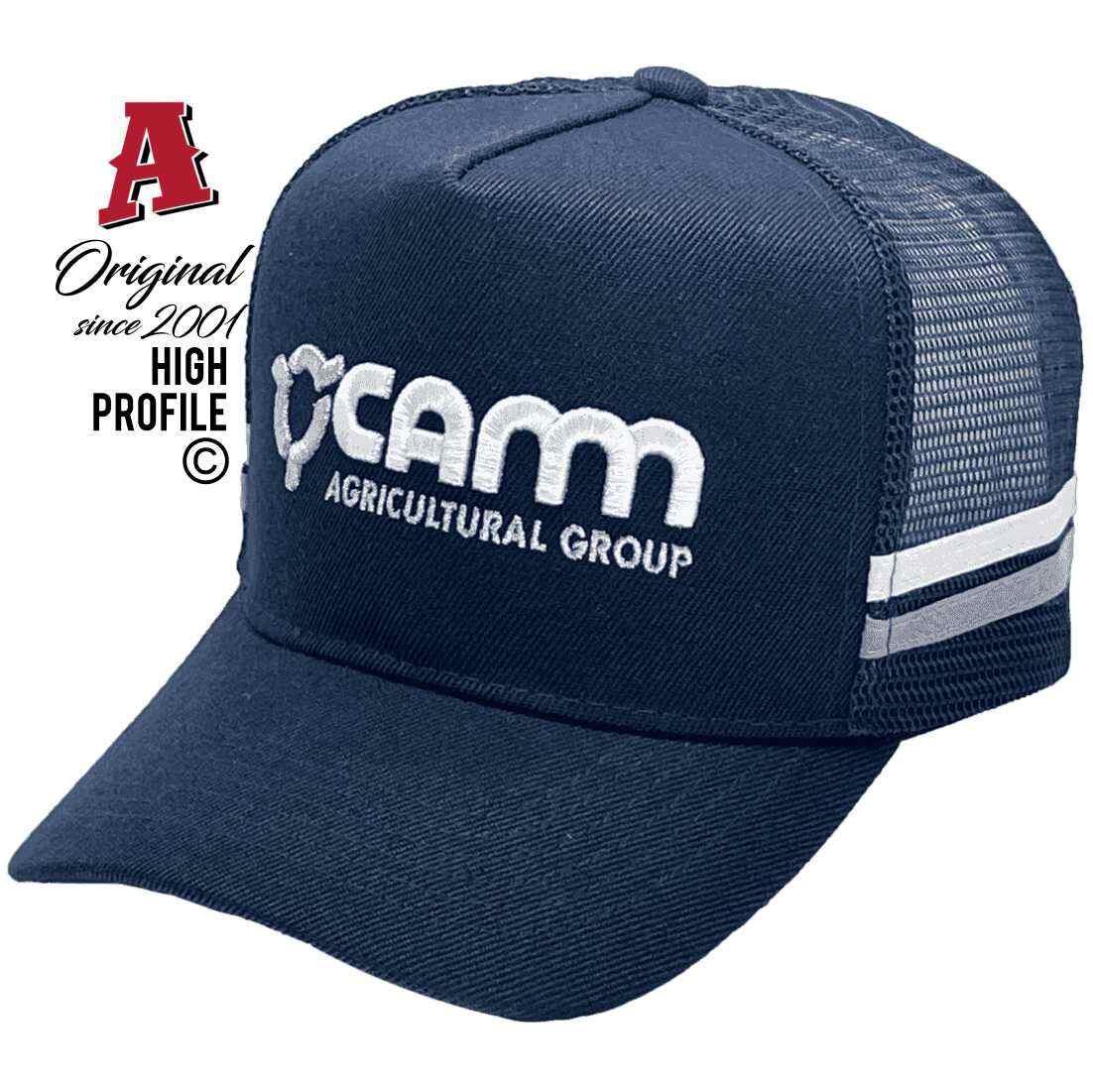 Camm Agricultural Group Bowenville QLD Basic Aussie Trucker Hats with Australian HeadFit Crown 2 SideBands Navy Snapback