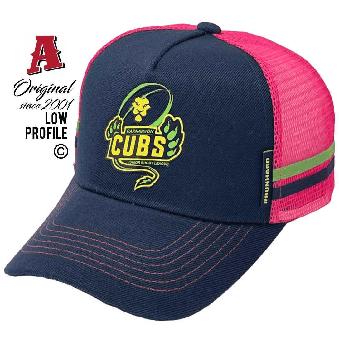 Carnarvon CUBS Junior Rugby League in Carnarvon, WA offers Midrange Aussie Trucker Hats with a 3D Plasti-weld Logo in Navy and Hot Pink with a Snapback closure.