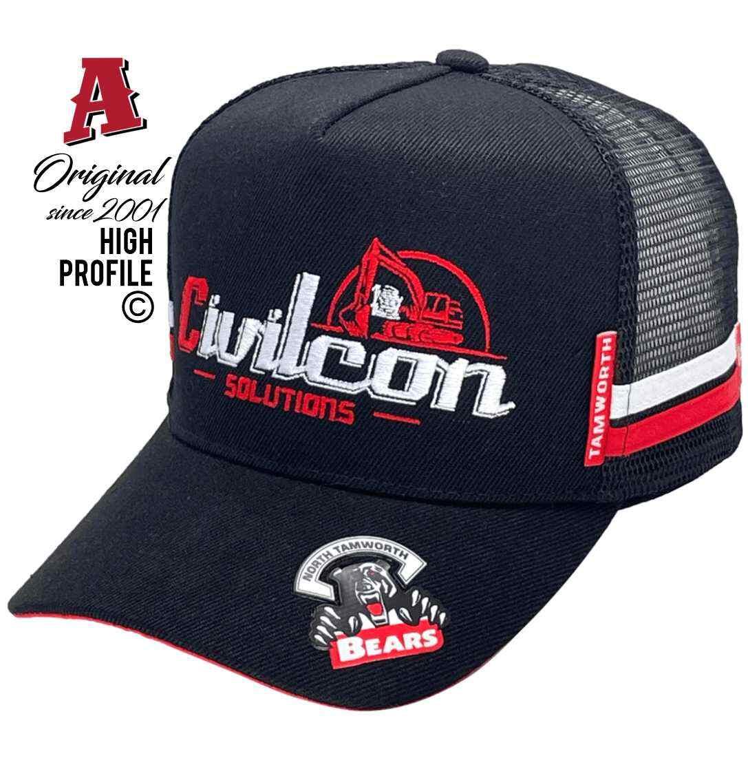 Civilcon Solutions Bendemeer NSW Midrange Aussie Trucker Hats with Australian HeadFit Crown 2 SideBands Black Red Snapback