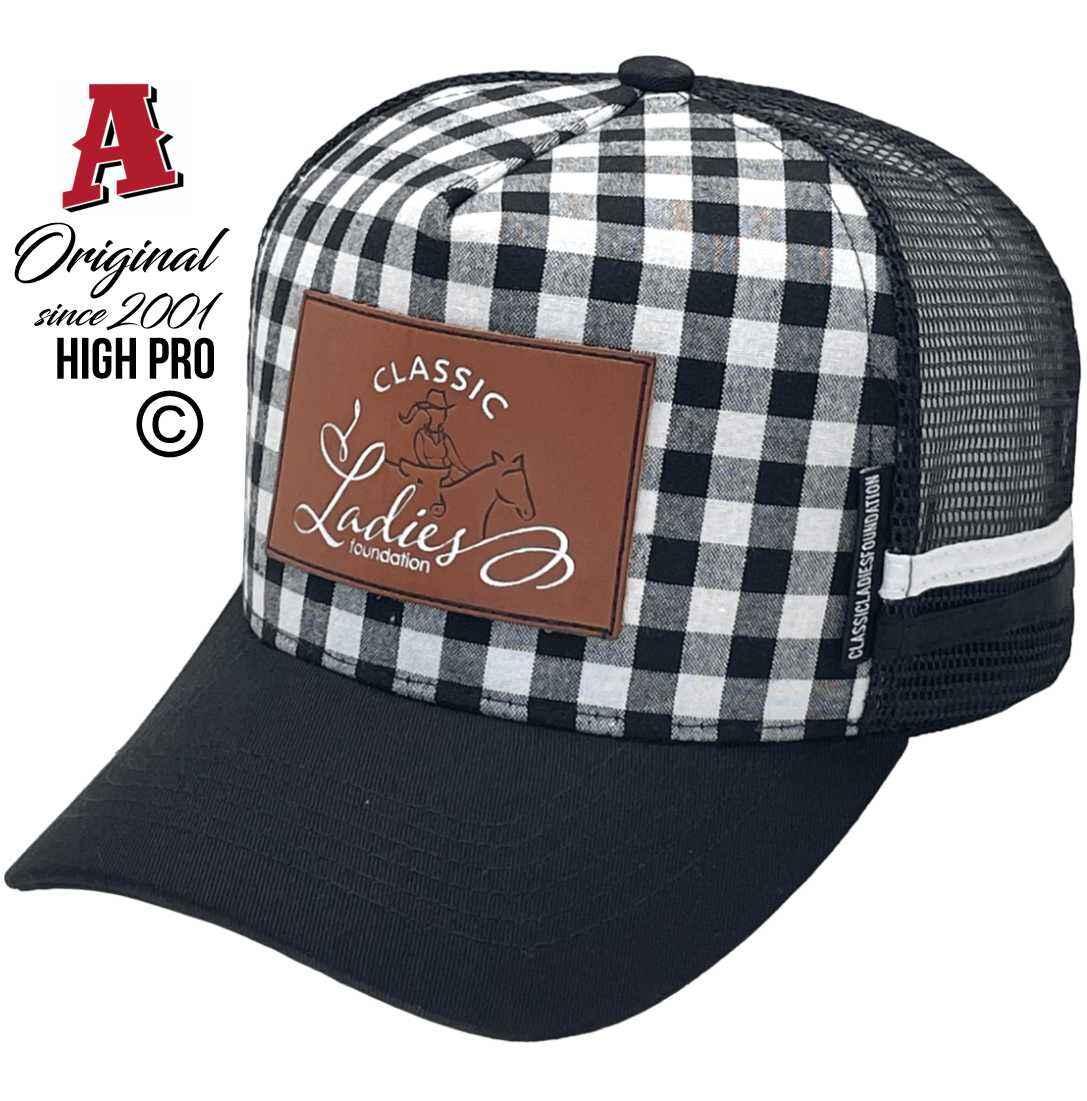 Classic Ladies Foundation Community Midrange Aussie Trucker Hats with Australian HeadFit Crown Black White Gingham