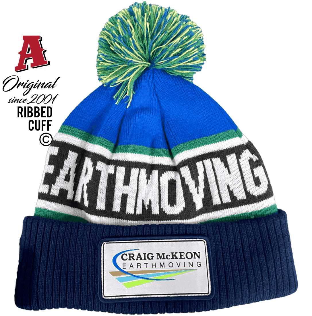 Craig McKeon Earthmoving Hillston NSW Aussie Custom Beanies Acrylic One Size Fits All with Pom Ribbed Roll-up Cuff Blue