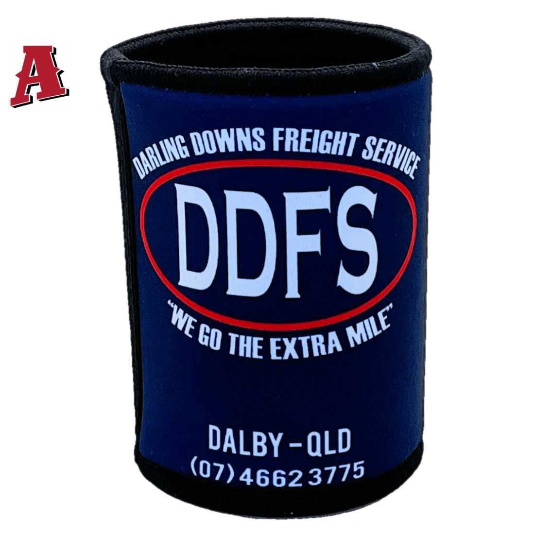 Darling Downs Freight Service Dalby QLD Custom Stubby Holder Koozie 5mm Neoprene Glued Stitched Top Bottom Seams Navy