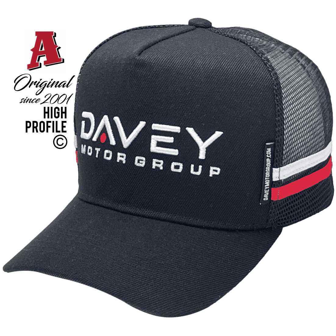 Davey Motor Group Breakwater VIC Basic Aussie Trucker Hats with Australian HeadFit Crown Double SideBands Black Snapback