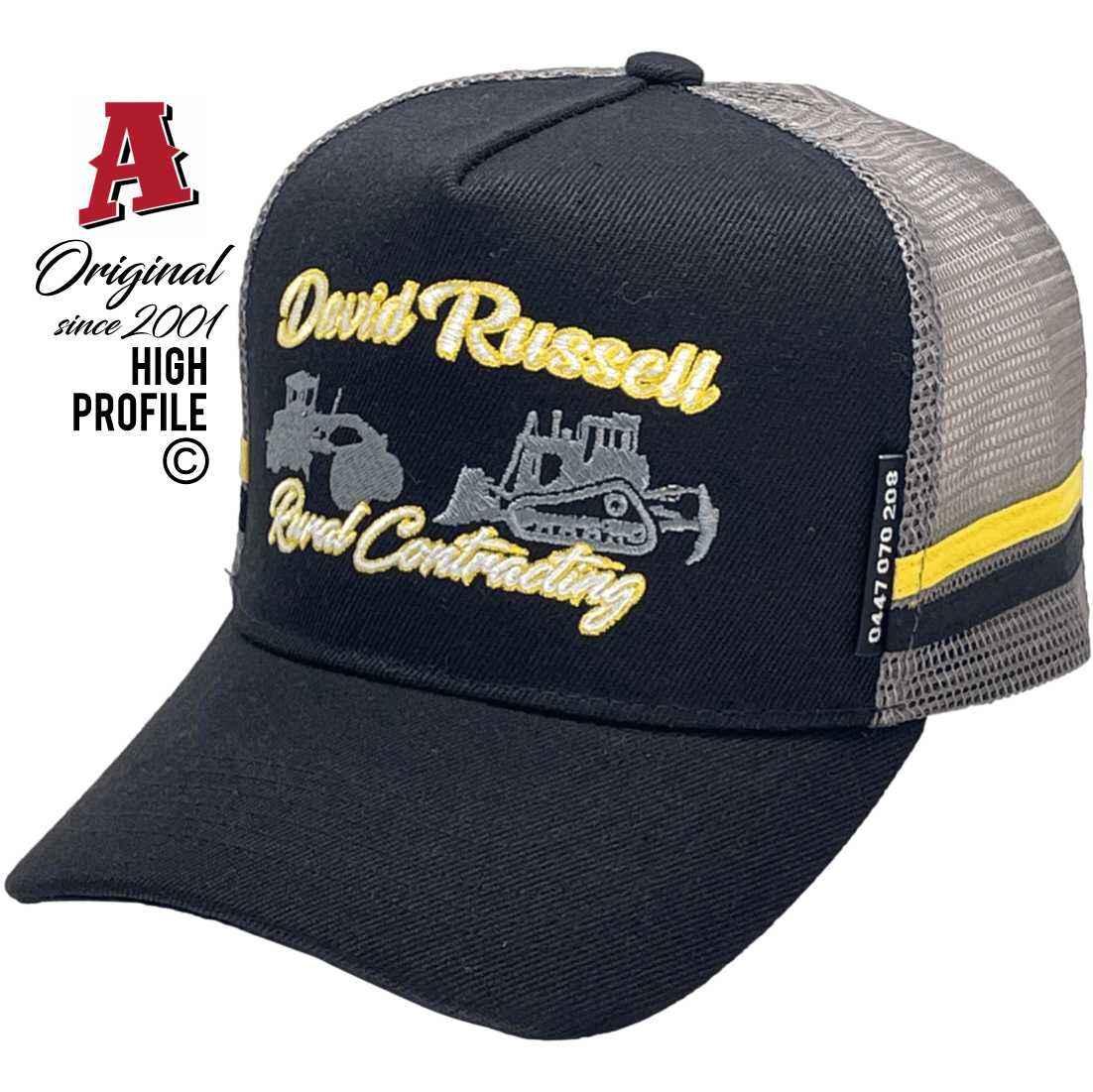 David Russell Rural Contracting Augathella Qld Basic Aussie Trucker Hats with Double Side Bands Black Grey Snapback