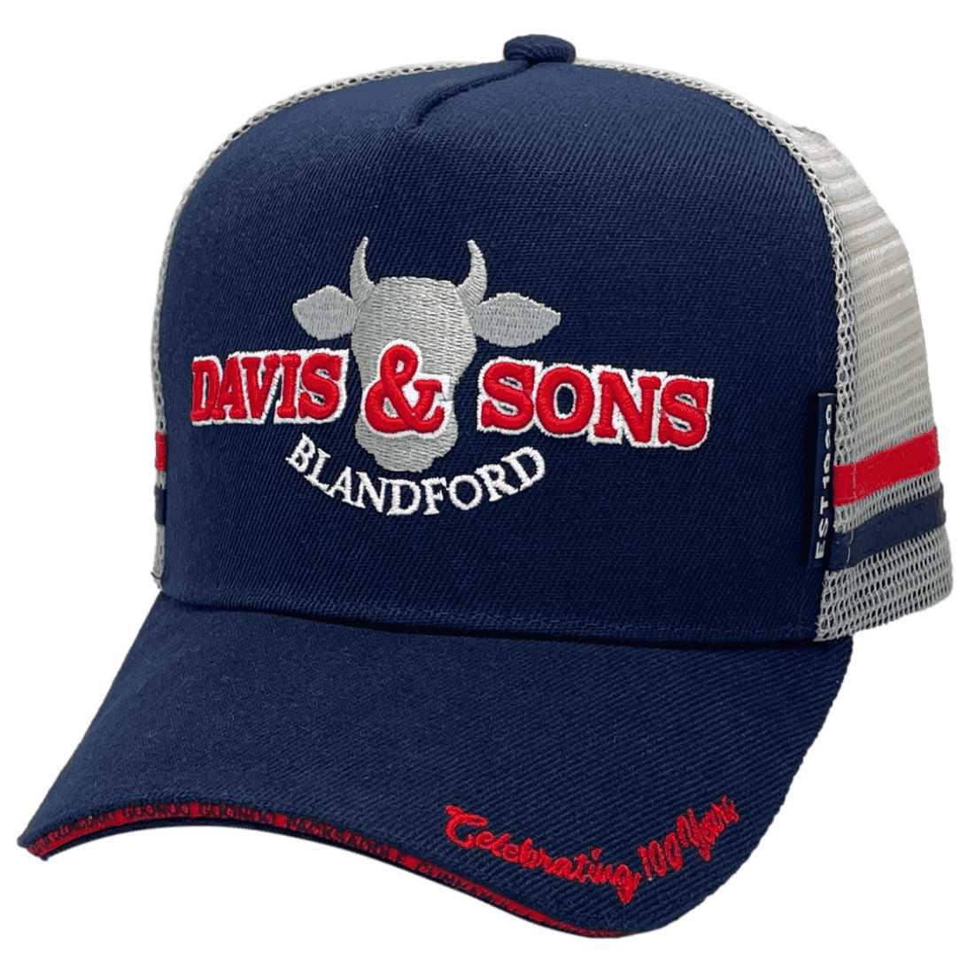 Davis & Son Blandford NSW HP Original Power Aussie Trucker Hat with Australian Head Fit Crown Size and 2 Side Bands Navy Red