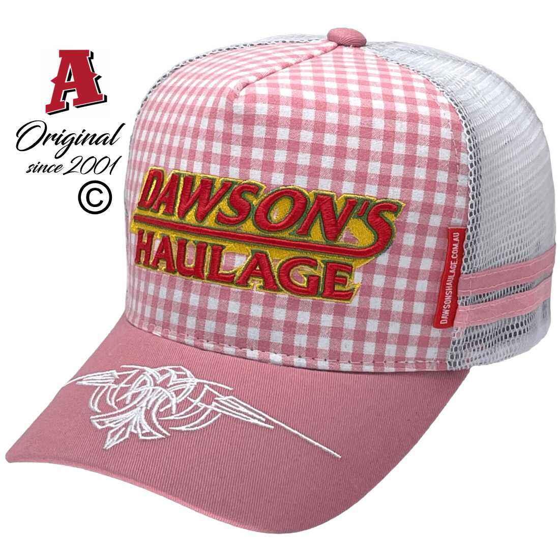 Dawsons Haulage BARANDUDA VIC HP Power Aussie Trucker Hats with Double Side Bands and Australian HeadFit Crown Pink Gingham White