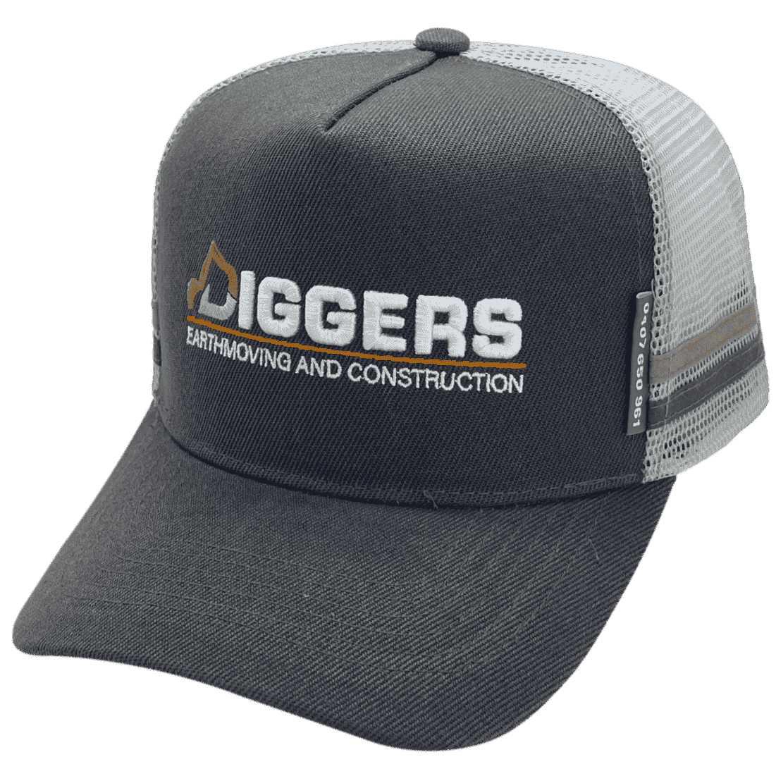 Diggers Earthmoving and Construction Segenhoe NSW HP Midrange Aussie Trucker Hat with Australian Head Fit Crown and Double Side Bands