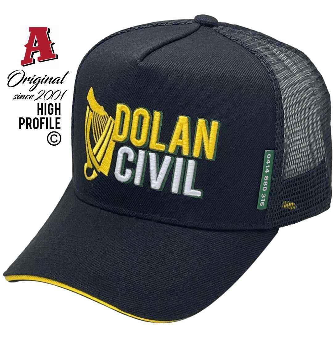 The Dolan Civil Humpty Doo NT Power Aussie Trucker Hats feature an Australian HeadFit Crown with a sandwich brim design. They come in black with yellow accents and have a snapback closure.