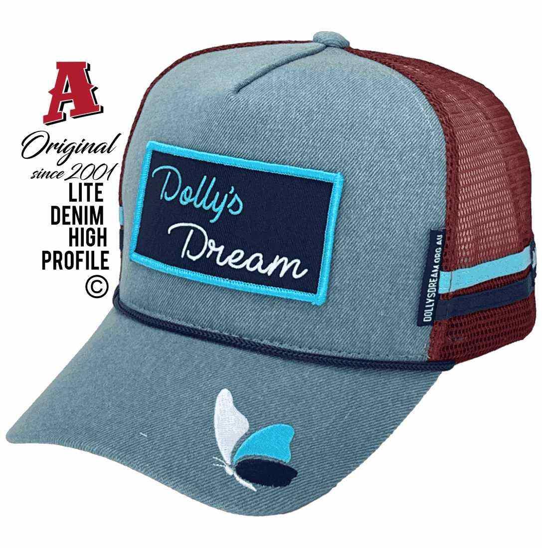 Dollys Dream Foundation Addressing the Impact of Bullying Power Aussie Trucker Hats HeadFit Crown Lite Denim Maroon Snapback