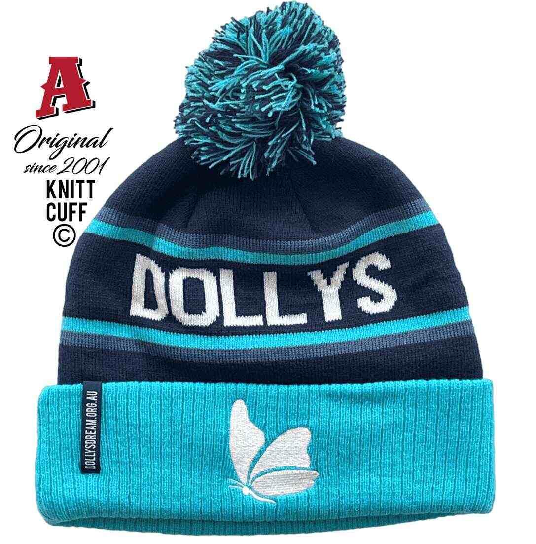 Dollys Dream Foundation Custom Dye-Knit Pom Beanie with Australian HeadFit Crown Rib Cuff Beanie Navy Blue Aqua Pom Pom