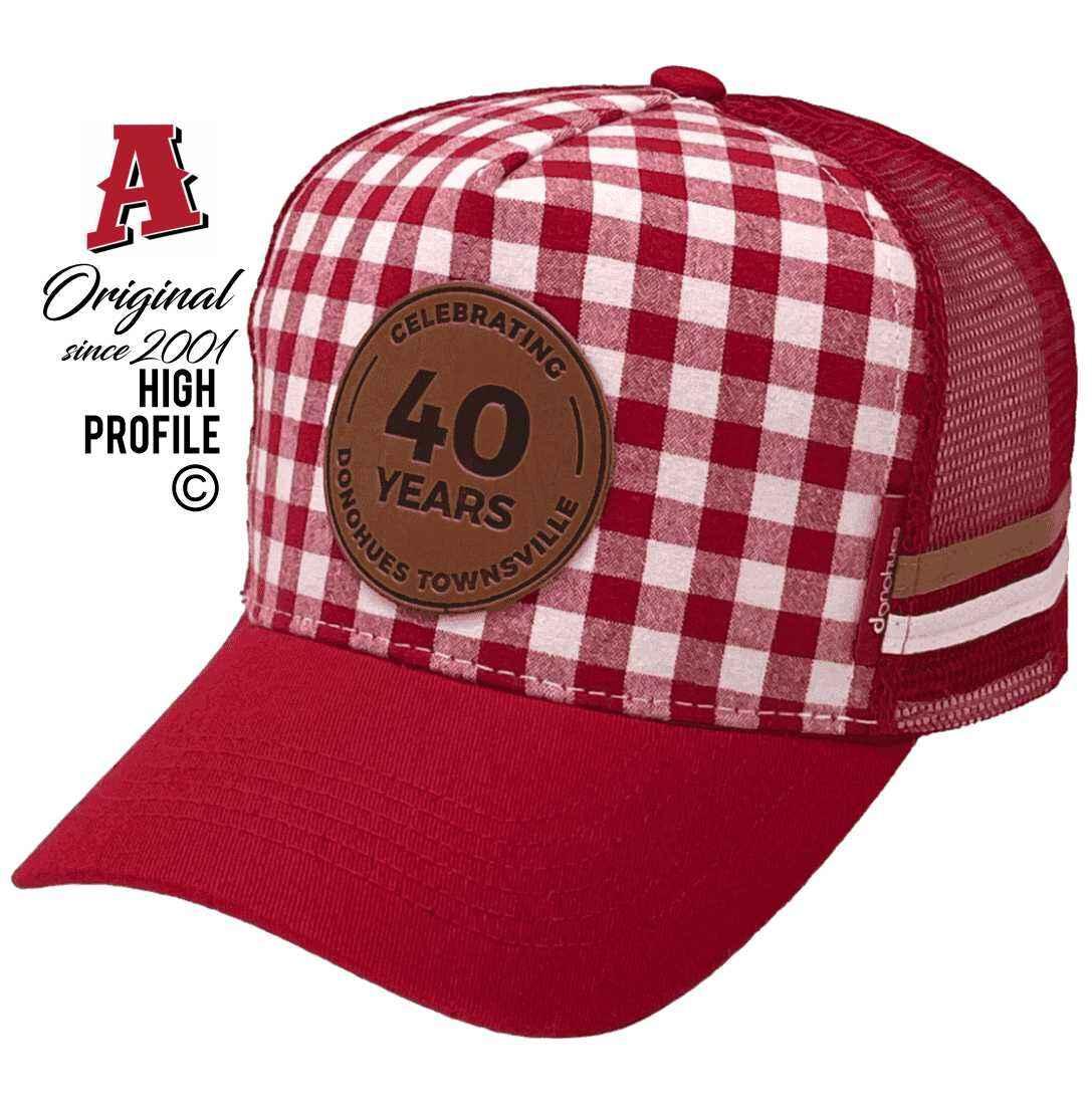 Donohues Townsville City Qld Midrange Aussie Trucker Hats with Gingham Leather Badge 2 SideBands Red White Snapback