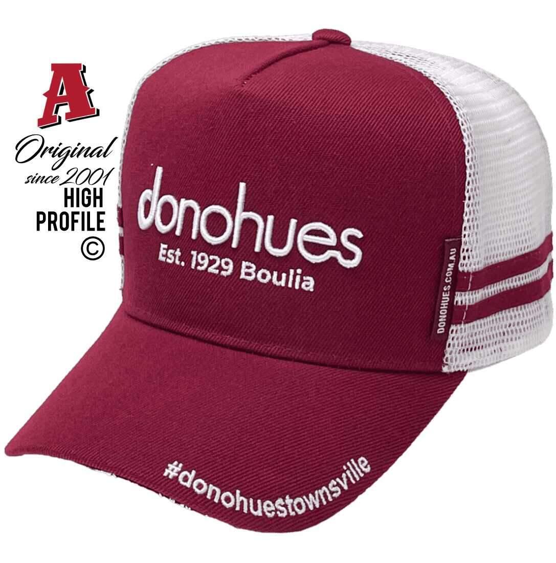 Donohues Townsville North QLD Midrange Aussie Trucker Hats with HeadFit Crown, Dual SideBands Maroon White Snapback