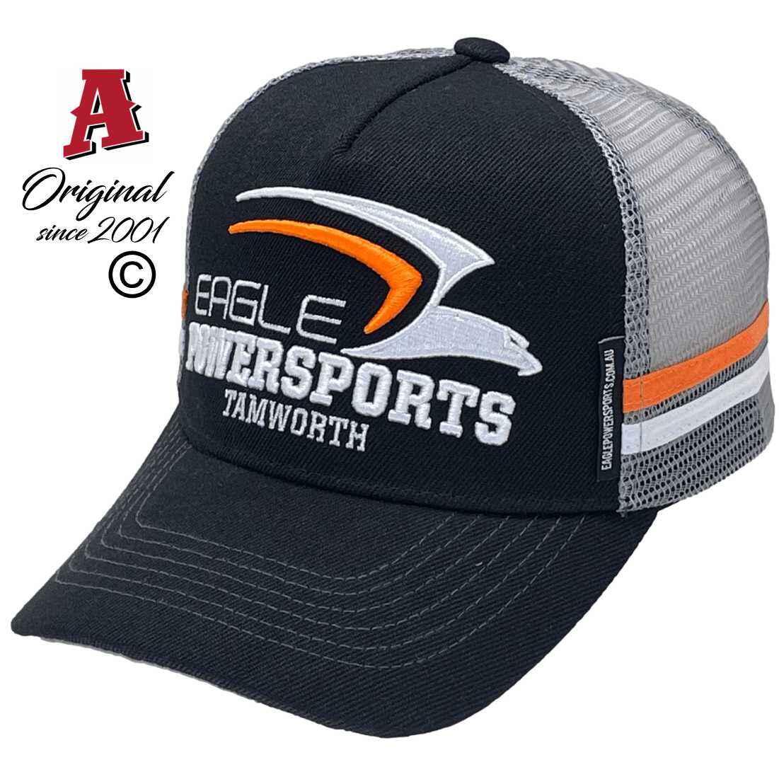 Eagle Powersports Tamworth NSW LP Midrange Aussie Trucker Hats with Australian HeadFit Crown Double SideBands Black Grey Orange