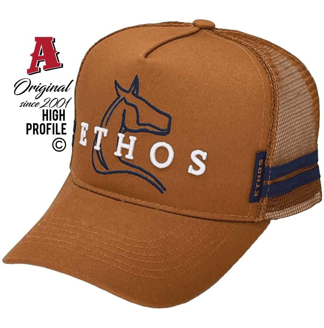 Ethos Australian Equestrian Wear Walcha NSW Aussie Trucker Hats With HeadFit Crown 2 SideBands Rust Navy Snapback