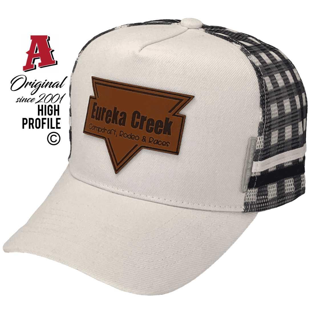 Eureka Creek Campdraft Rodeo Races Dimbulah Qld Midrange Aussie Trucker Hats with Gingham Print Mesh