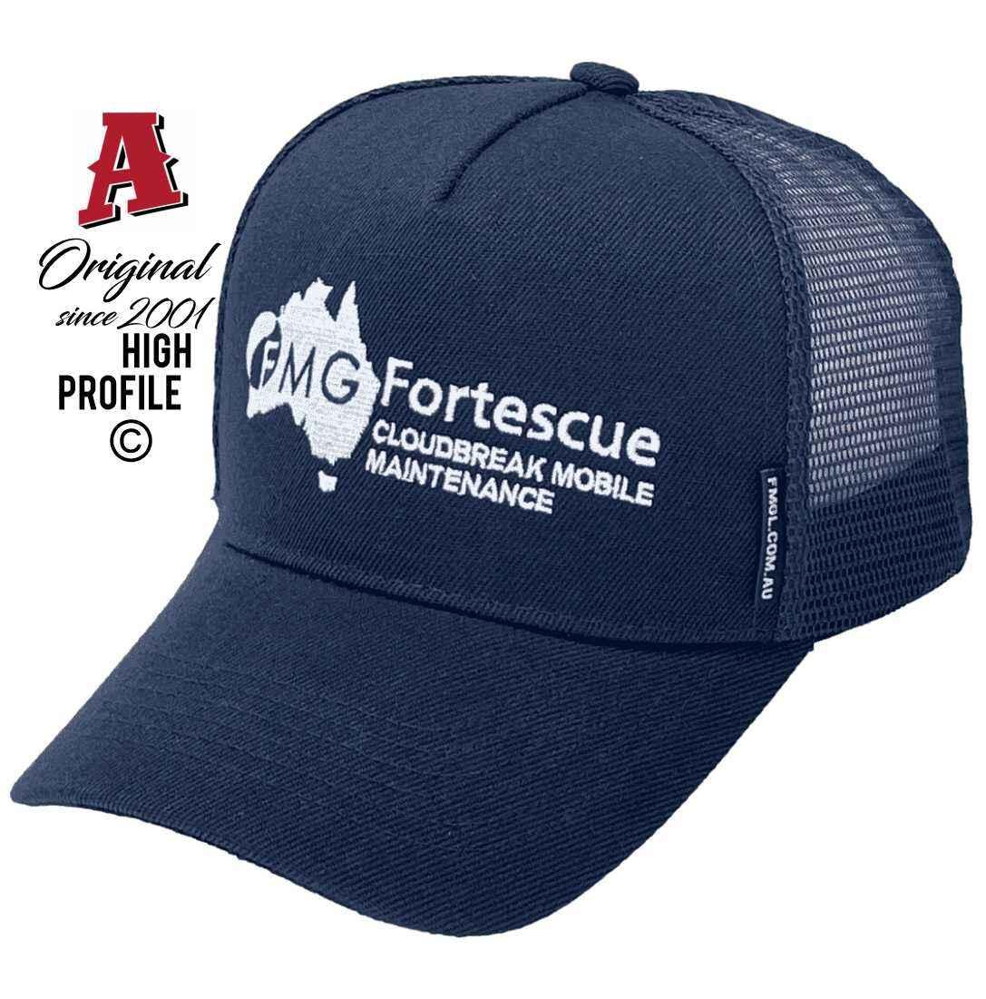 The Fortescue Metals Group Cloudbreak Mobile Australia Basic Aussie Trucker Hats come with an Australian HeadFit Crown in navy and a snapback closure.