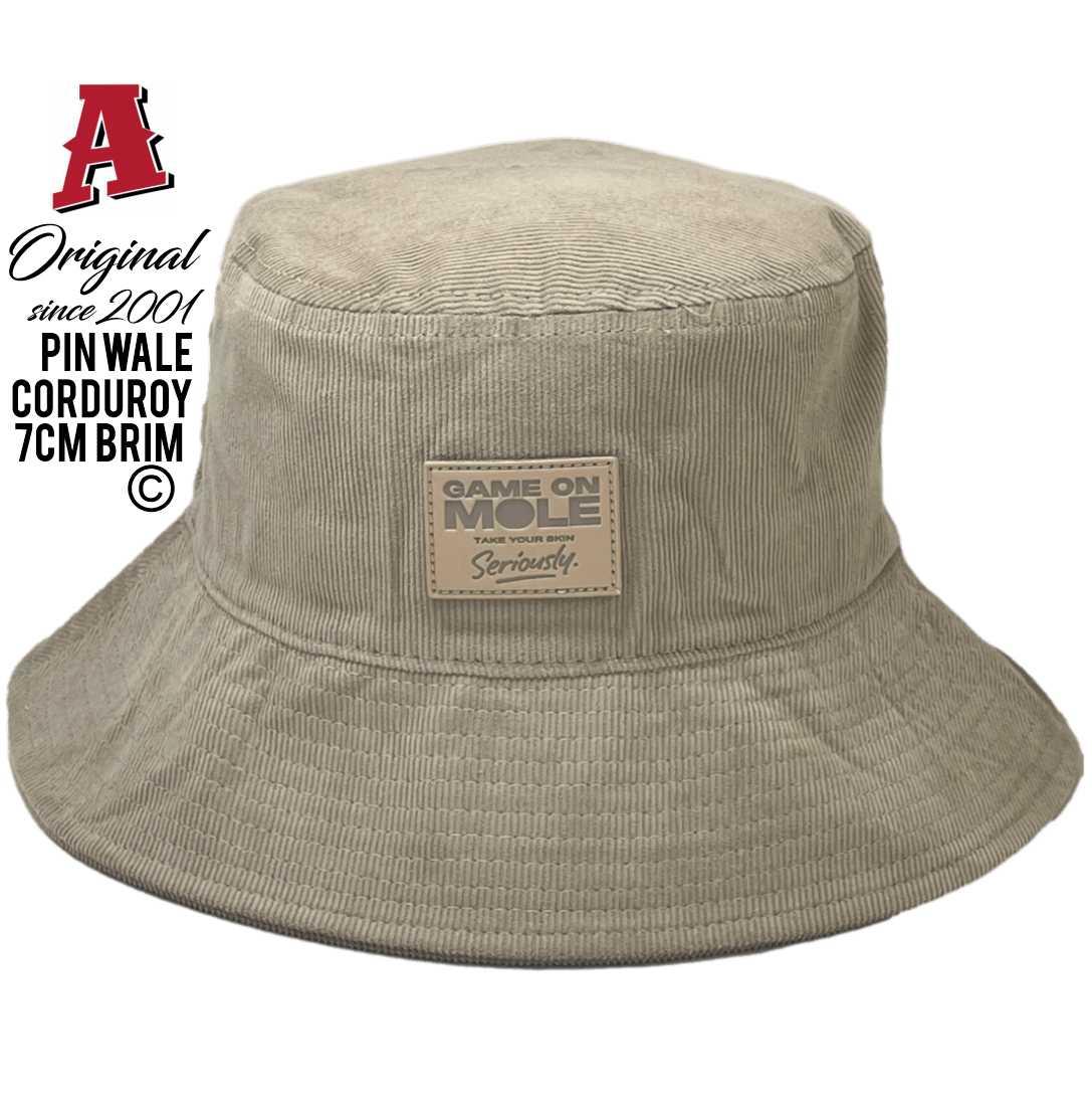 Game On Mole Australia Bucket Hat from Aussie Trucker Hats Pin Wale Corduroy with 7cm Brim Width Sand Colour