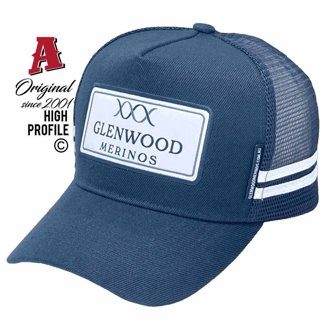 Glenwood Merinos, Wellington NSW Basic Aussie Trucker Hats High Profile with Woven Sewn-on Badge with Dual Side Bands Navy