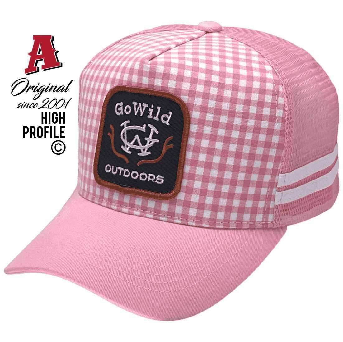 Go Wild Outdoors Charters Towers Qld Midrange Aussie Trucker Hats with Australian HeadFit Crown 2 SideBands Gingham Pink Snapback