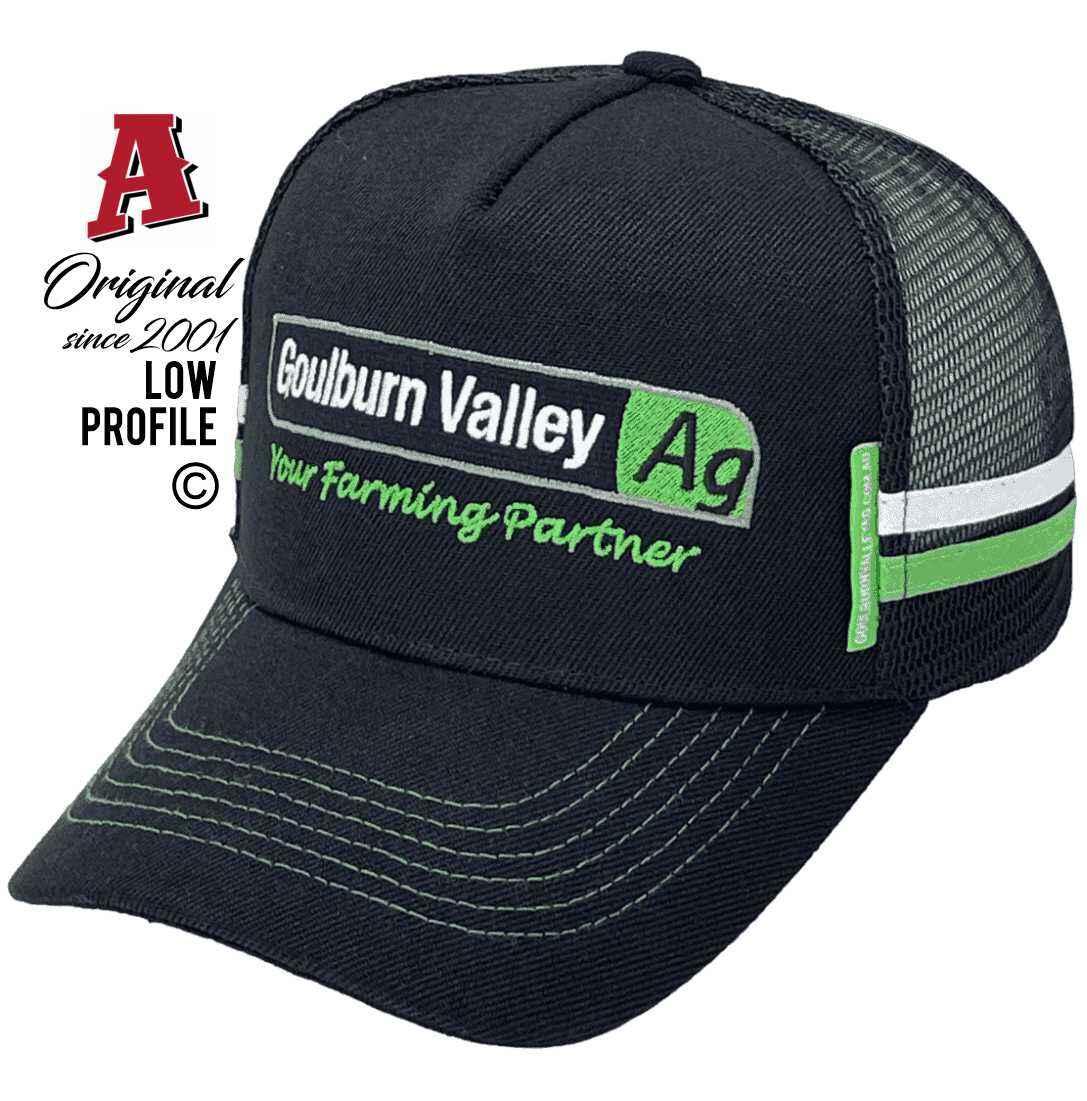 Goulburn Valley Ag, Kialla VIC Midrange Aussie Trucker Hats with Australian HeadFit Crown and Dual SideBands Black Snapback