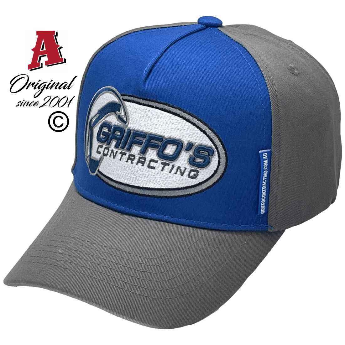 Griffos Contracting Byfield Qld Aussie Snapback Baseball Caps with Australian HeadFit Crown, Grey Royal Blue