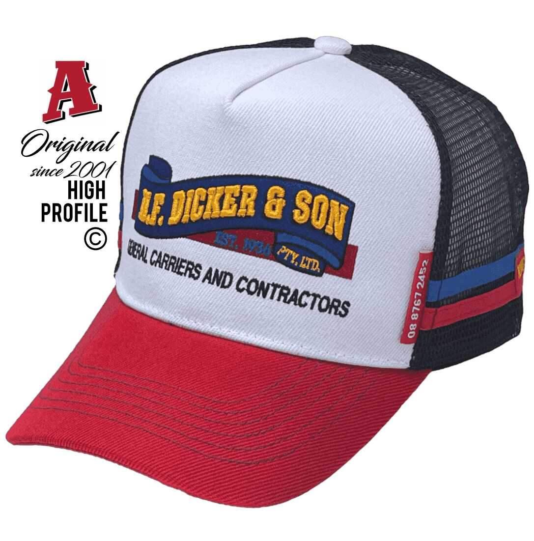 H.F. Dicker & Son Kingston SE SA Midrange Aussie Trucker Hats with Australian HeadFit Crown, Dual SideBands White Black Red