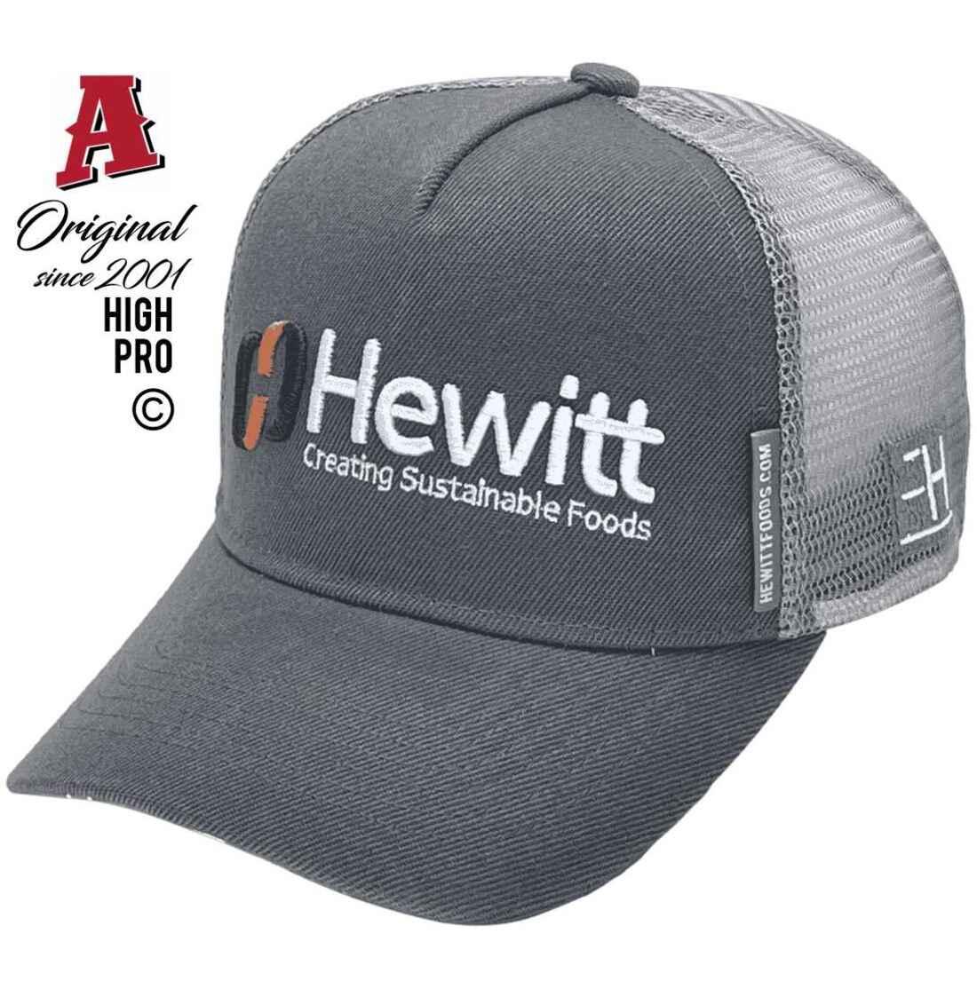 Hewitt Creating Sustainable Foods Brisbane Qld Basic Aussie Trucker Hats with Australian HeadFit Crown Snapback Silver Grey