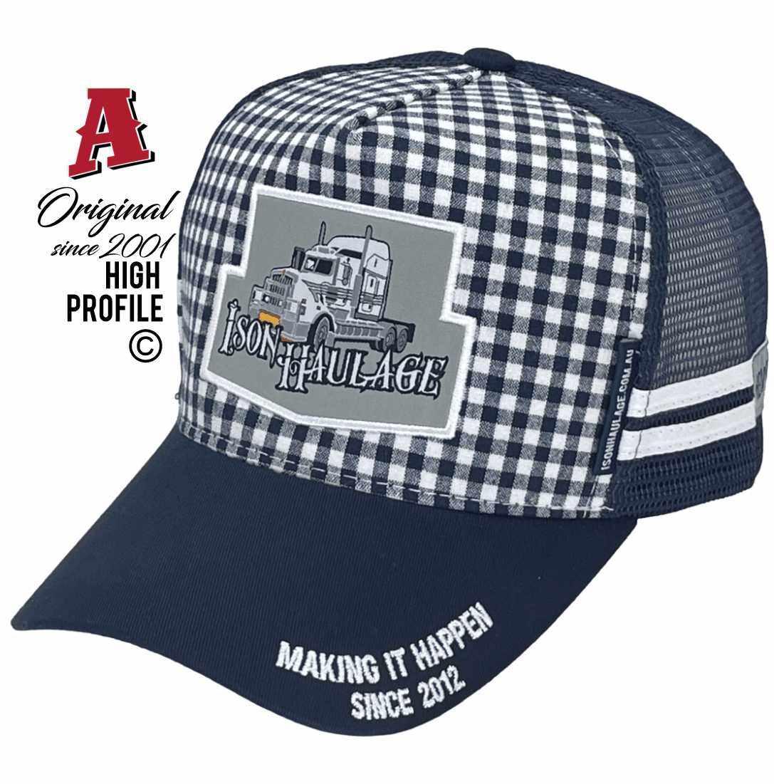 Ison Haulage Chinchilla Qld Power Aussie Trucker Hats with Gingham Fabric Embroidered Badge Navy White Snapback