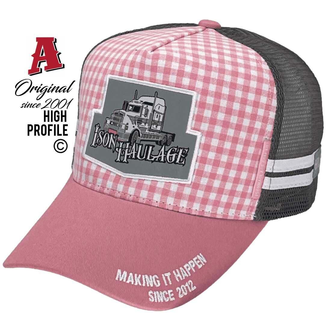 Ison Haulage Transport Services Chinchilla Qld Gingham Fabric Power Aussie Trucker Hats with Dual SideBands Pink White Grey