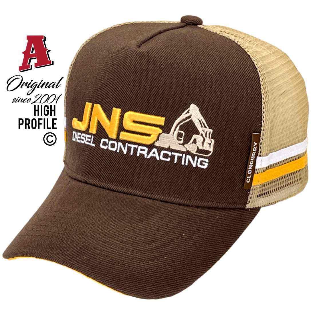 JNS Diesel Contracting Cloncurry Qld Basic Aussie Trucker Hats with Australian HeadFit Crown 2 SideBands Brown Khaki