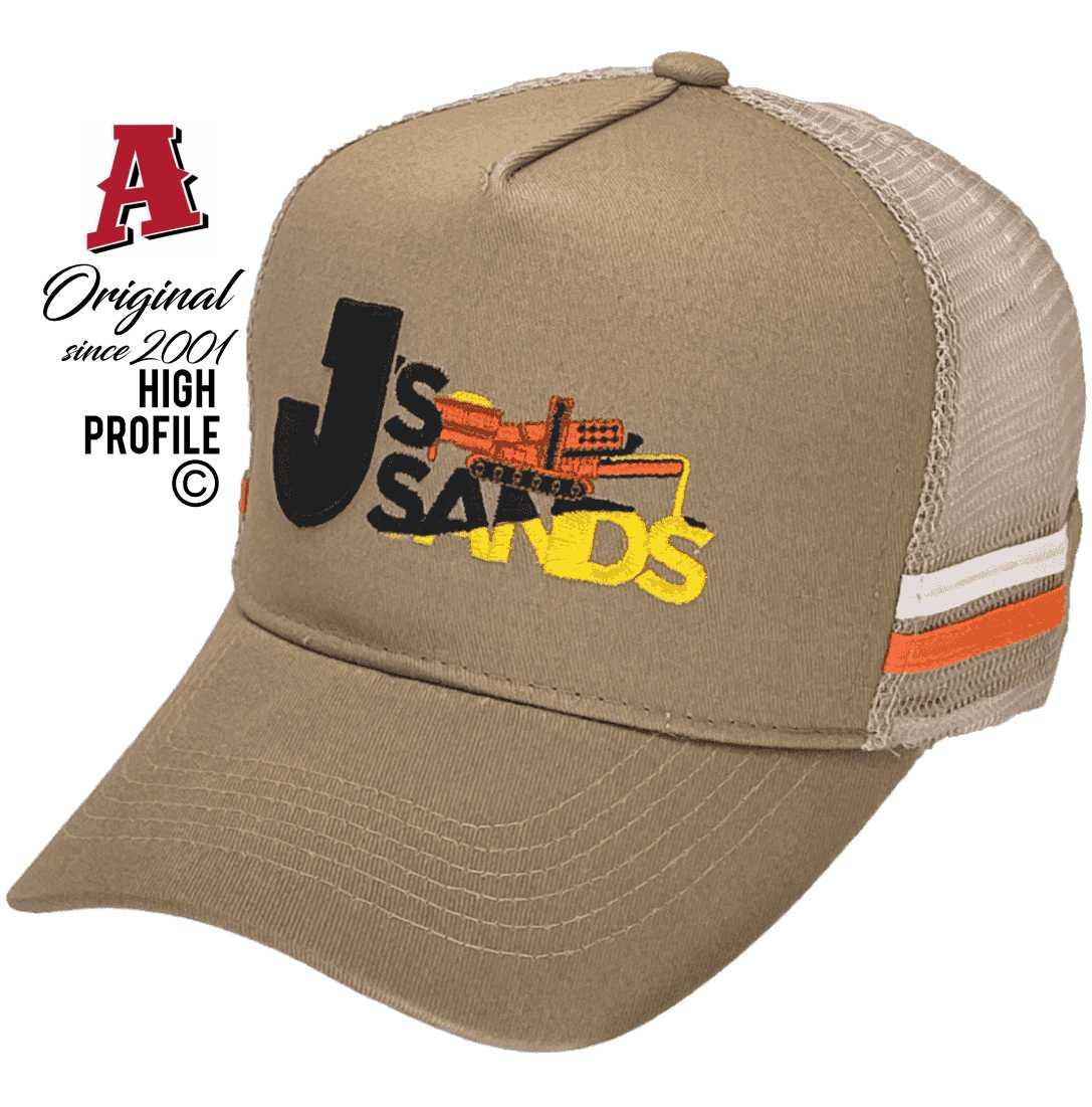 Js Sands Richmond Qld Basic Aussie Trucker Hats High Profile with Dual SideBands Khaki Orange Snapback