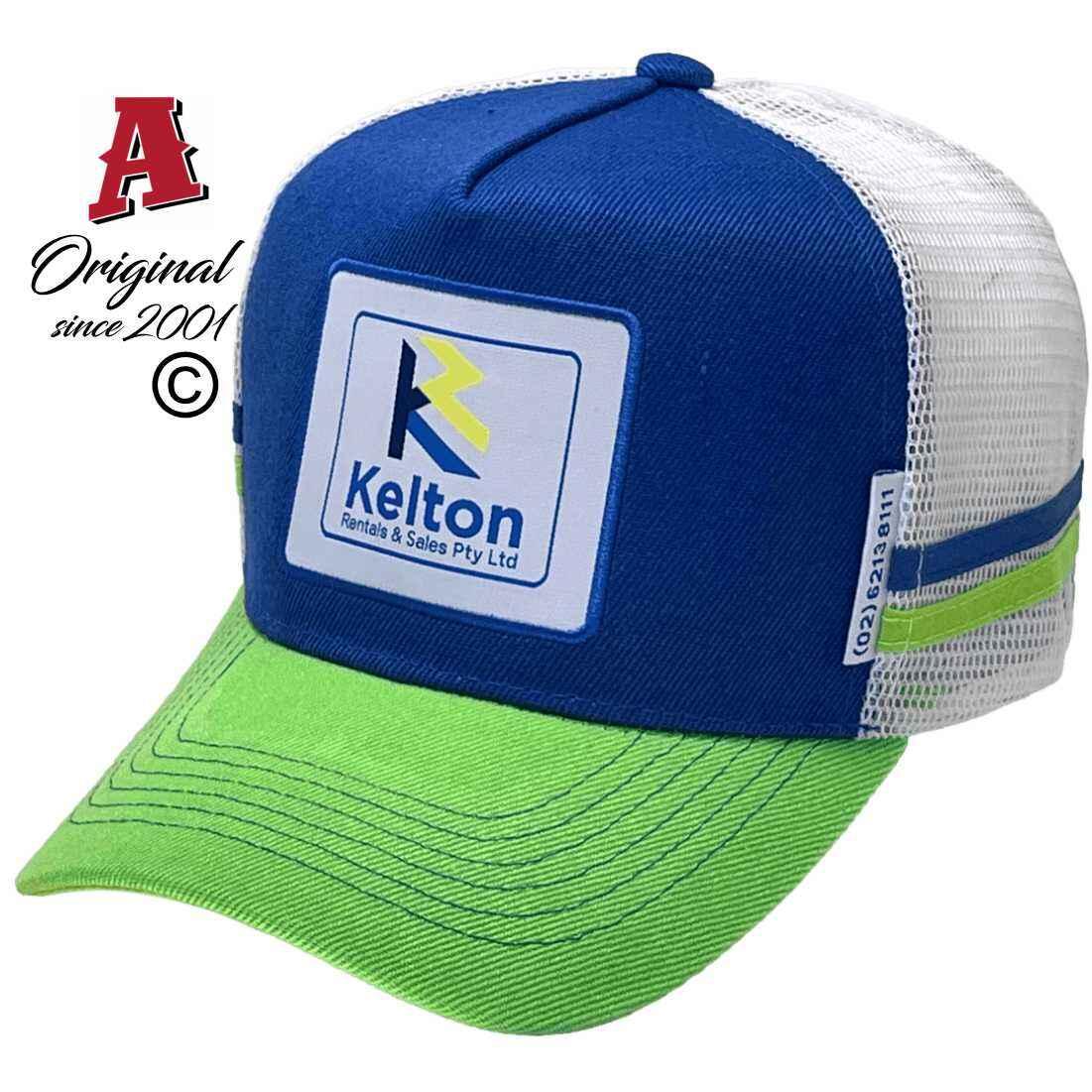 Kelton Rentals Sales Queanbeyan East NSW HP Basic Aussie Trucker Hats with Double Side Bands Australian HeadFit Crown Royal White Lime