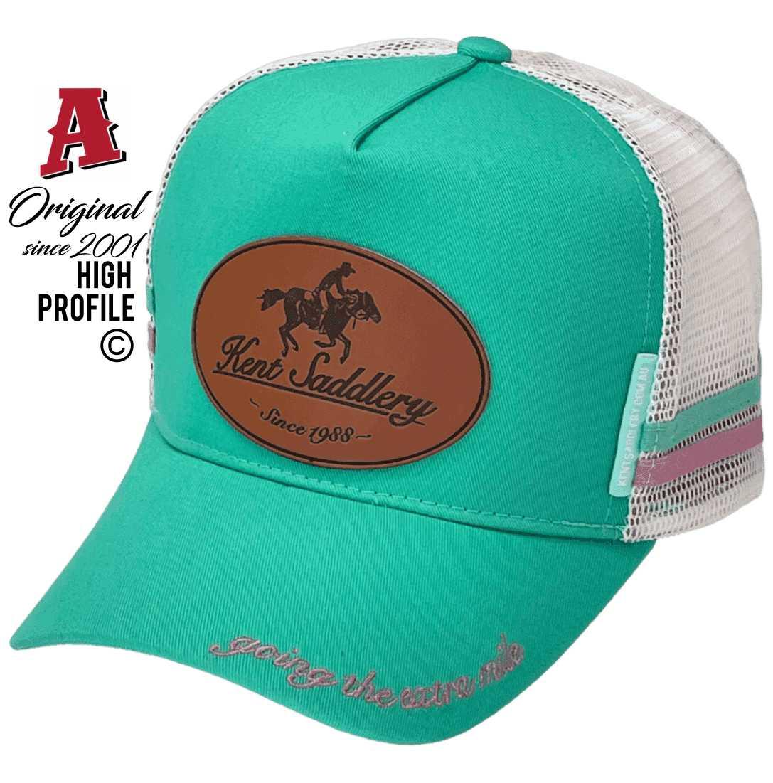 Kent Saddlery Stanthorpe QLD Midrange Aussie Trucker Hats with Leather Badge Duel SideBands Green White Snapback