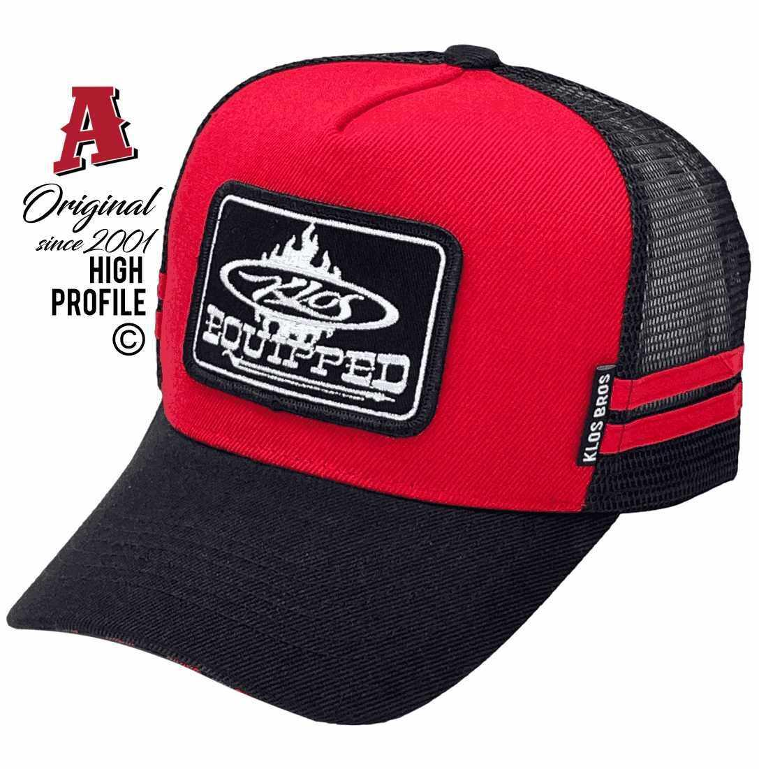 Klos Equipped Corio VIC Midrange Aussie Trucker Hats with Aussie HeadFit Crown Dual SideBands Red Black Snapback