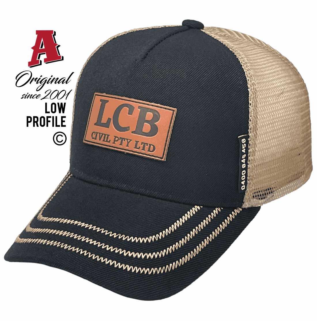 LCB Civil Pty Ltd Bundaberg East QLD Midrange Aussie Trucker Hats Leather Badge Zigzag stitch on Brim Black and Lt Brown Snapback