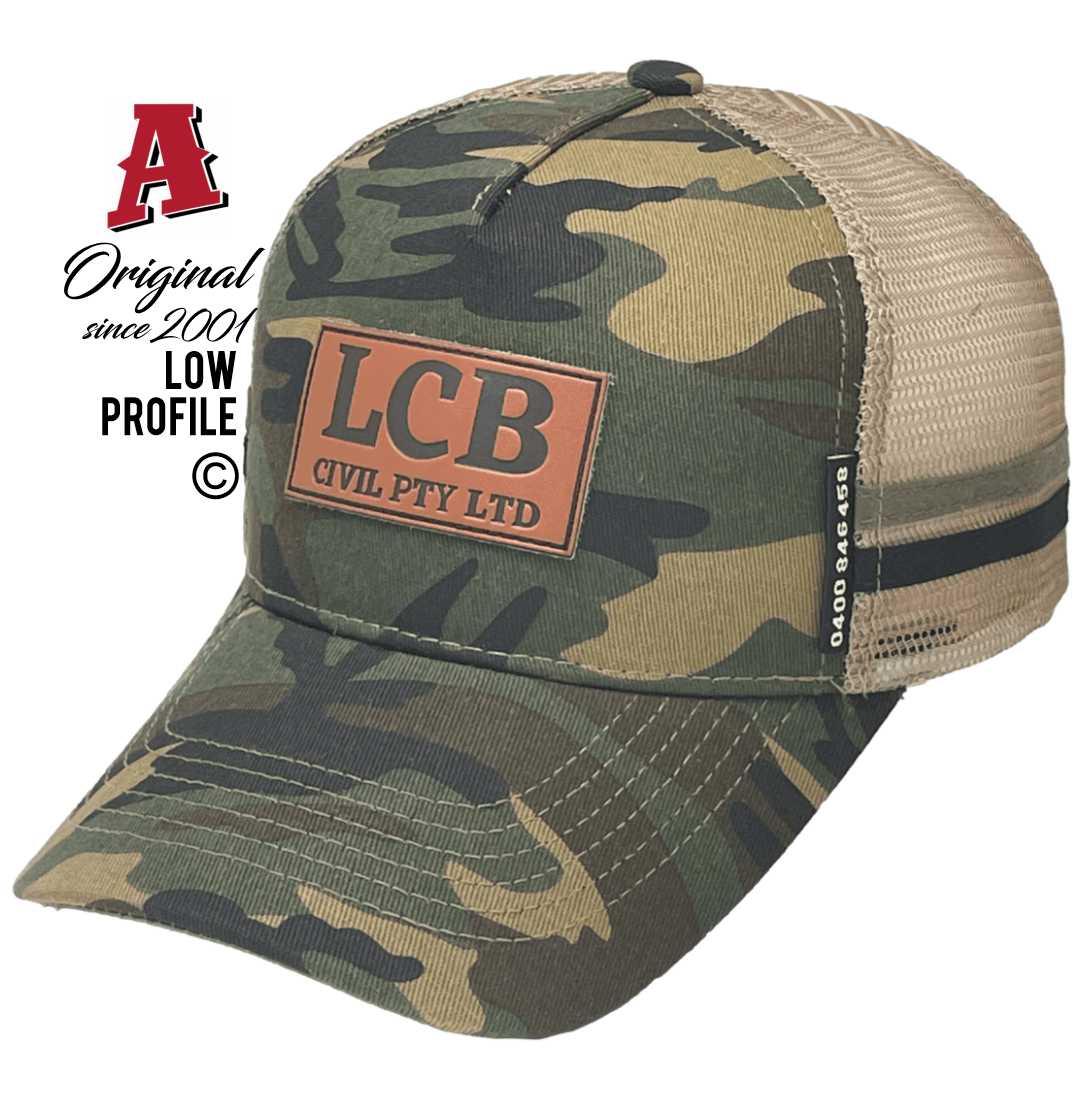 LCB Civil Pty Ltd Bundaberg East QLD Midrange Aussie Trucker Hats with 2 SideBands Leather Badge Camouflage Mountain Snapback