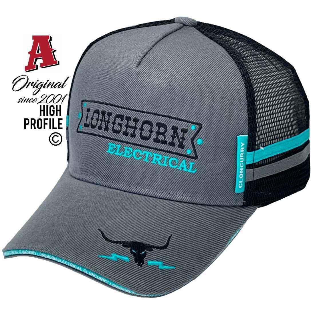 Longhorn Electrical Cloncurry Qld Power Aussie Trucker Hats with Sandwich Brim Dual SideBands Dark Grey Black Snapback