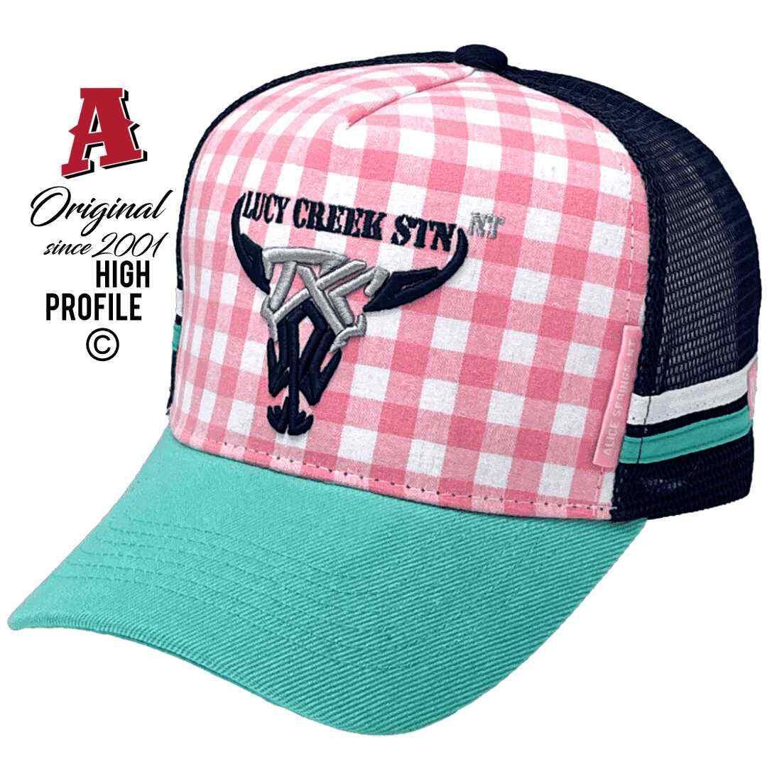 Lucy Creek Station Anatye NT Midrange Aussie Trucker Hats with Gingham Fabric, 3D Embroidery, Double SideBands Pink Navy Green